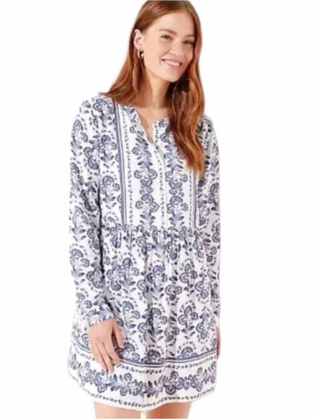 LOFT White Dress with Blue Floral Print - Long Sleeve Tunic